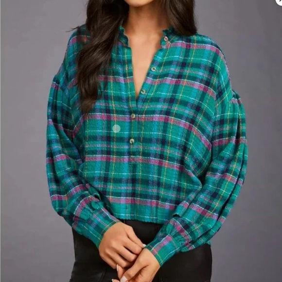 Anthropologie Pilcro Green and Pink Plaid Puff Sleeve Blouse - Picture 4 of 4